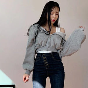 Grey Cropped Zip Up Hoodie