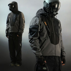 Two models in the grey and black hooded techwear windbreaker, one in a visor helmet, front view