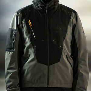 Front close-up of the windbreaker: black chest loop panel, orange logo print and full-length zip