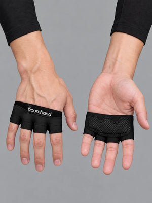 Gym Four Finger Techwear Gloves worn by a person, close-up on both hands, front view on a grey studio background