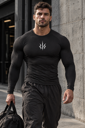 A man walks outside in the black compression shirt with cargo pants and a gym bag, front view