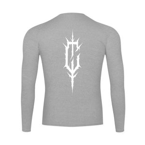 Back of the flecking gray colourway laid flat, the white spiked C emblem running down the spine