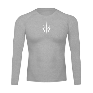 Flecking gray colourway laid flat from the front, the small white spiked emblem on the chest