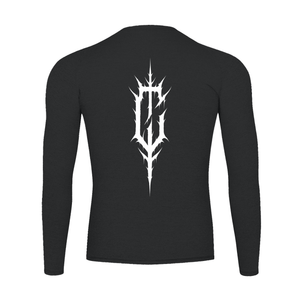 Back of the black compression shirt laid flat, a tall white spiked C emblem running down the spine