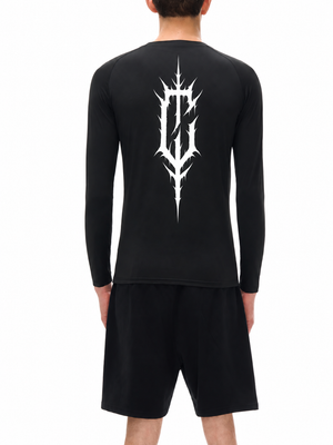 Back view on the model, the white spiked C print stretching from the shoulders to the waist