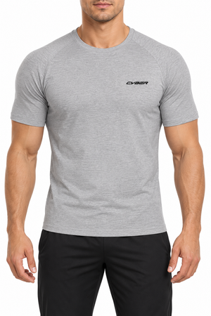 Man wearing the Flecking Gray Gym Short Sleeve Compression Shirt, front view with the black CYBER wordmark