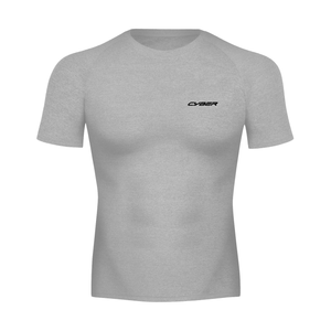 Flecking Gray Gym Short Sleeve Compression Shirt laid flat, front view with a small black CYBER logo