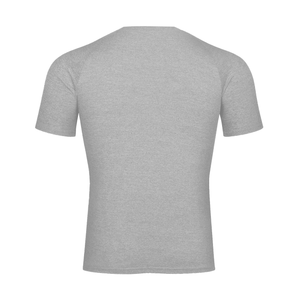 Flecking Gray gym compression shirt laid flat from the back, plain heathered back and raglan sleeves