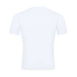 White gym compression shirt laid flat from the back, plain white back with short raglan sleeves