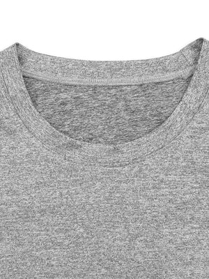 Close-up of the crew neck on the Flecking Gray gym compression shirt, fine speckled heather knit