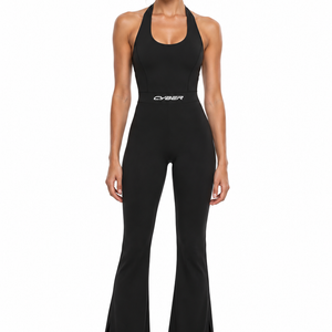 Halter Flared Unitard in black worn by a model, front view on white, CYBER wordmark at the waist seam