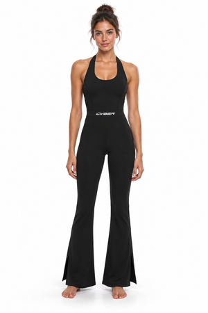 Halter Flared Unitard in black worn by a model, front view on white, CYBER wordmark at the waist seam