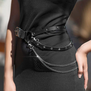 Punk PU Leather Waist Body Chain — women's black faux-leather goth chain accessory