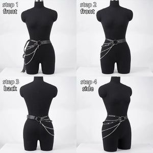 Punk PU Leather Waist Body Chain — women's black faux-leather goth chain accessory