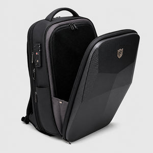 Hardshell 17 Inch Techwear Backpack in black opened flat, with close-ups of the buckle, zip and key clip