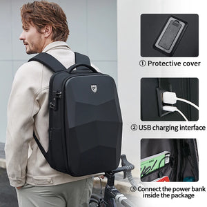 Black faceted hardshell backpack with a 17.3 inch laptop compartment