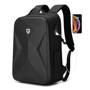 Black hardshell backpack with a moulded front panel and an external USB port