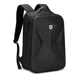 Black hardshell backpack with a moulded front panel and an external USB port