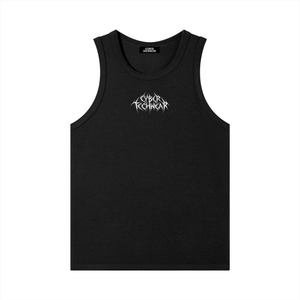Black ribbed tank laid flat, a small wordmark embroidered high on the centre chest