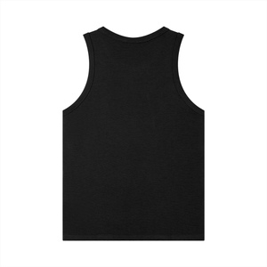Back of the black tank laid flat, plain, with the same binding around the neck and arms