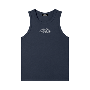 Navy colourway laid flat, the small chest wordmark picked out in white against the blue