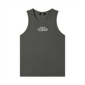 Dark grey colourway laid flat, front, with the wordmark sitting just below the neckline