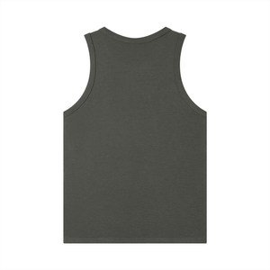 Back of the grey tank laid flat, unprinted, the rib catching the light down the panel