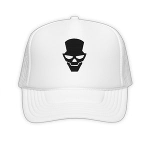 Hellfire Skull Trucker Hat - product view on white background