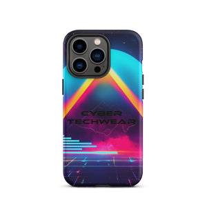 Heritage Cases iPhone for iPhone 13 Pro, back view of the neon triangle over a cyan planet synthwave print