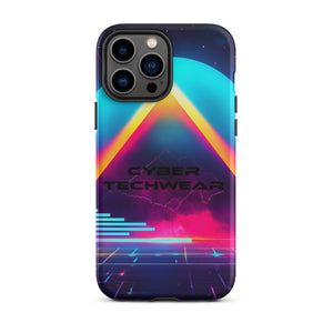 Heritage Cases iPhone for iPhone 13 Pro Max, back view of the neon triangle over a cyan planet synthwave print