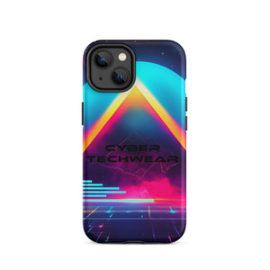 Heritage Cases iPhone for iPhone 14, back view of the neon triangle over a cyan planet synthwave print