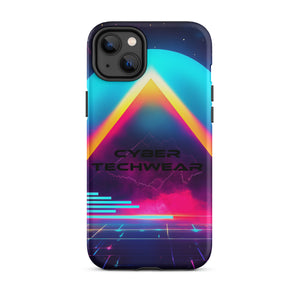 Heritage Cases iPhone for iPhone 14 Plus, back view of the neon triangle over a cyan planet synthwave print