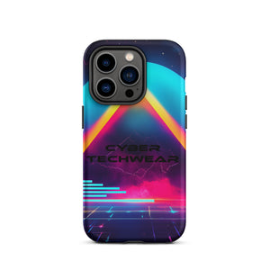 Heritage Cases iPhone for iPhone 14 Pro, back view of the neon triangle over a cyan planet synthwave print