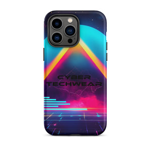 Heritage Cases iPhone for iPhone 14 Pro Max, back view of the neon triangle over a cyan planet synthwave print