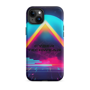 Heritage Cases iPhone for iPhone 15 Plus, back view of the neon triangle over a cyan planet synthwave print