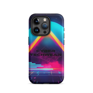 Heritage Cases iPhone for iPhone 15 Pro, back view of the neon triangle over a cyan planet synthwave print