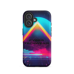 Heritage Cases iPhone for iPhone 16, back view of the neon triangle over a cyan planet synthwave print