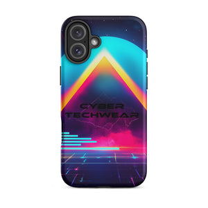Heritage Cases iPhone for iPhone 16 Plus, back view of the neon triangle over a cyan planet synthwave print