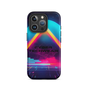 Heritage Cases iPhone for iPhone 16 Pro, back view of the neon triangle over a cyan planet synthwave print