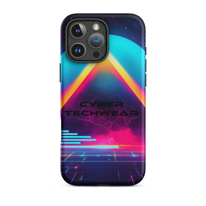 Heritage Cases iPhone for iPhone 16 Pro Max, back view of the neon triangle over a cyan planet synthwave print