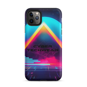 Heritage Cases iPhone for iPhone 11 Pro Max, back view of the neon triangle over a cyan planet synthwave print