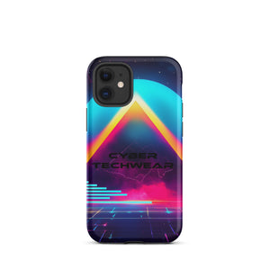 Heritage Cases iPhone for iPhone 12 mini, back view of the neon triangle over a cyan planet synthwave print