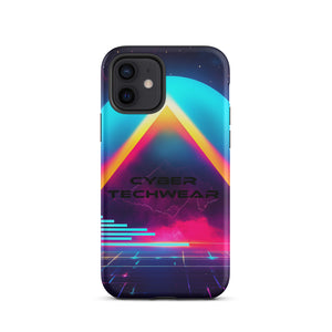 Heritage Cases iPhone for iPhone 12, back view of the neon triangle over a cyan planet synthwave print