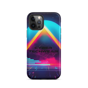 Heritage Cases iPhone for iPhone 12 Pro, back view of the neon triangle over a cyan planet synthwave print