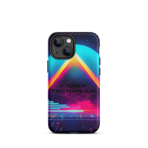 Heritage Cases iPhone for iPhone 13 mini, back view of the neon triangle over a cyan planet synthwave print