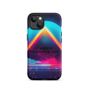 Heritage Cases iPhone for iPhone 13, back view of the neon triangle over a cyan planet synthwave print