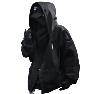 High Collar Embroidered Hoodie in black — dark techwear streetwear, view 1 of 6