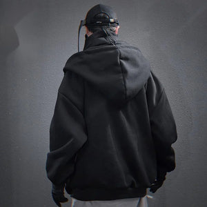 High Collar Embroidered Hoodie in black — dark techwear streetwear, view 2 of 6