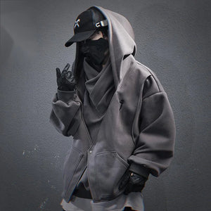 High Collar Embroidered Hoodie in black — dark techwear streetwear, view 3 of 6