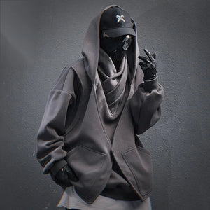High Collar Embroidered Hoodie in black — dark techwear streetwear, view 4 of 6